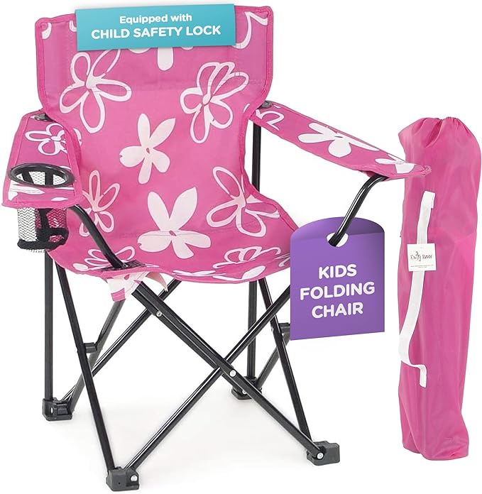 Emily Rose Kids Folding Chair | USA Company | Pink Kid Beach Chair with Safety Lock- Camping Chair for Girls Toddler with Cup Holder & Carry Case- Tailgate, Travel, Beach, Lawn- for Indoor & Outdoor - LeafyLoom
