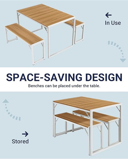 Allewie 3-Piece Kitchen Dining Table Sets with Benches, Sturdy Triangle Structure, Space-Saving, Multifunctional for Dining Room/Living Room/Studio, Maple Brown & White - LeafyLoom