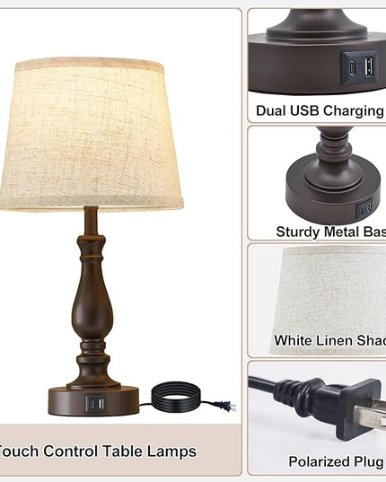 Table Lamps for Bedrooms Set of 2 - Touch Bedside Lamps with Dual USB Ports - 3 Way Dimmable Nightstand Lamps for End Tables Farmhouse Night Stand Lamps for Living Room Bed Side Guest Room - LeafyLoom