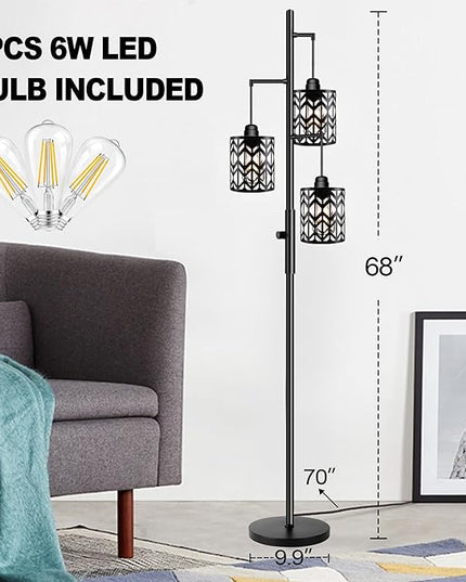 Dimmable Floor Lamp, Industrial Standing Floor lamp for Living Room, Tall Farmhouse Rustic lamp with 3 LED Bulbs, Tree Floor Lamp for Bedrooms, Living Room, Home Office, Metal, Black, 68" - LeafyLoom