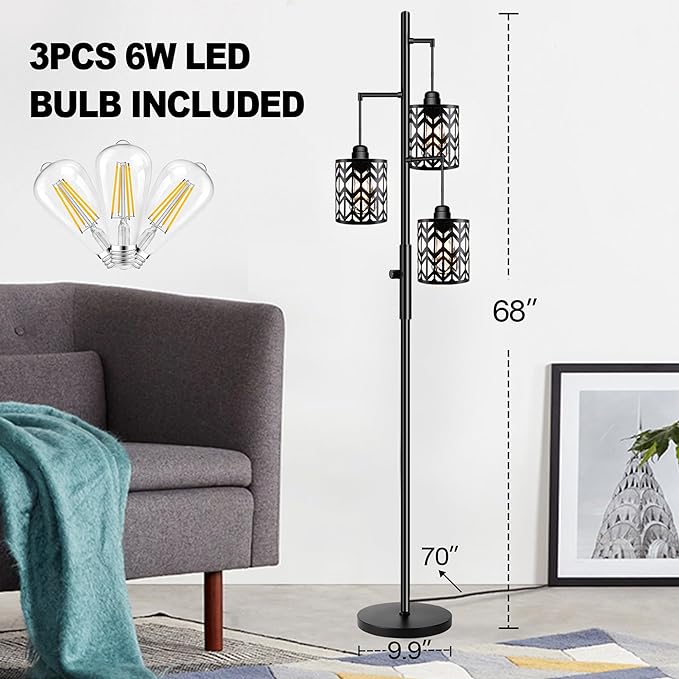 Dimmable Floor Lamp, Industrial Standing Floor lamp for Living Room, Tall Farmhouse Rustic lamp with 3 LED Bulbs, Tree Floor Lamp for Bedrooms, Living Room, Home Office, Metal, Black, 68" - LeafyLoom