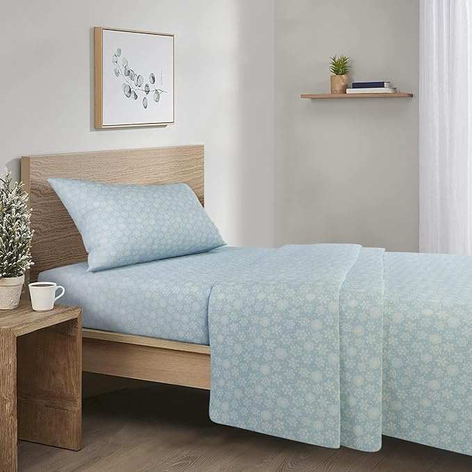 Comfort Spaces Cotton Flannel Breathable Warm Deep Pocket Sheets With Pillow Case Bedding, Twin, Snowflakes Blue, 3 Piece - LeafyLoom