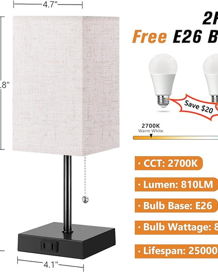 Table Lamp for Bedroom Set of 2, 3 Color Bedside Lamps with AC Outlets, Square Pull Chain Nightstand Lamp for Living Room, Office Desk, LED Bulb Included - LeafyLoom