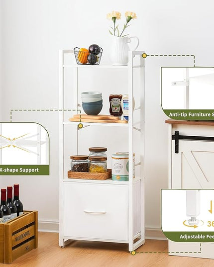 Yoobure Bookshelf, 4 Tier Book Shelf with Drawer, Small Bookcase Narrow Book Case, Industrial Bookshelves Shelf for Bedroom Living Room Office, Book Storage Organizer for CD/Movie White - LeafyLoom