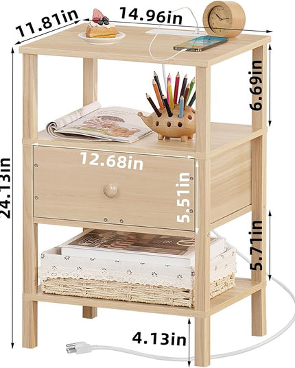 Lerliuo Nightstand with Charging Station and USB Ports, 3-Tier Storage End Table with Drawer Shelf, Night Stand for Small Spaces, Wood Bedside Table for Living Room, Bedroom - Natural - LeafyLoom