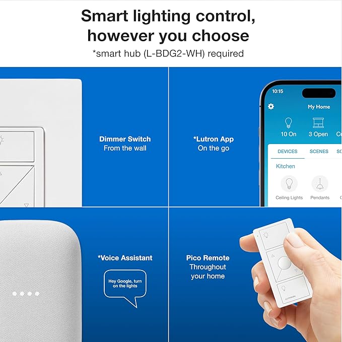 Lutron Caseta Original Smart Dimmer Switch Kit, 2 Dimmer Switches, 2 Wall Plates, 2 Remotes, 2 Pedestals, and Smart Hub, Works with Alexa, Apple Home, Google Home, 3Way, 150W, No Neutral, P-BDG-PKG2W Lutron