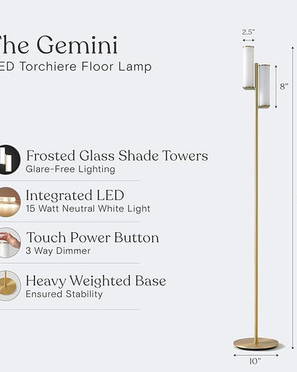 Brightech Gemini Floor Lamp, Dimmable Standing Lamp with Two Lights for Bedroom Reading, Modern Tall Tree Lamp for Offices, Mid-Century LED Lamp for Living Rooms, Great Living Room Decor - Gold/Brass - LeafyLoom