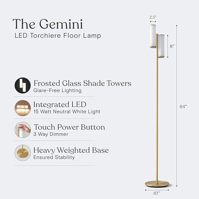 Brightech Gemini Floor Lamp, Dimmable Standing Lamp with Two Lights for Bedroom Reading, Modern Tall Tree Lamp for Offices, Mid-Century LED Lamp for Living Rooms, Great Living Room Decor - Gold/Brass - LeafyLoom