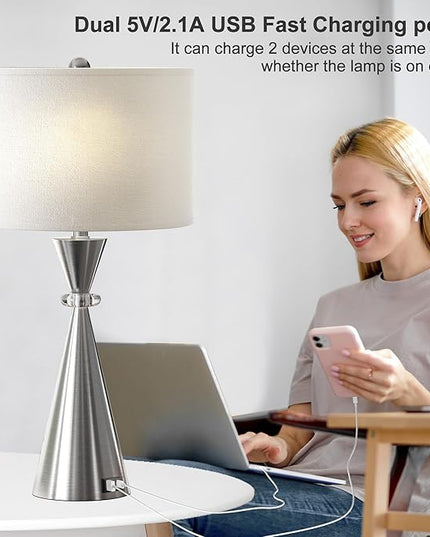 Table Lamps Set of 2, 3-Color Temperature Dimmable Modern Metal Bedside Lamps with 2 USB Ports, 26.5" Large Lamps Nightstand Lamp with White Fabric Shade for Living Room Bedrooms Decorations - LeafyLoom