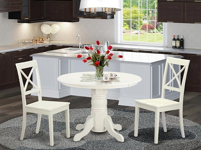 East West Furniture SHBO3-WHI-W 3 Piece Dinette Set for Small Spaces Contains a Round Room Table with Pedestal and 2 Kitchen Dining Chairs, 42x42 Inch - LeafyLoom