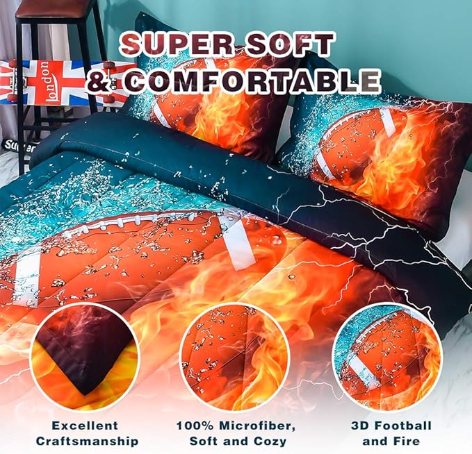 Andency Football Comforter Set Twin(66x90 Inch), 2 Pieces(1 Football Comforter, 1 Pillowcase) Sport Microfiber Comforter Set Bedding Set for Kids Boys Teens - LeafyLoom