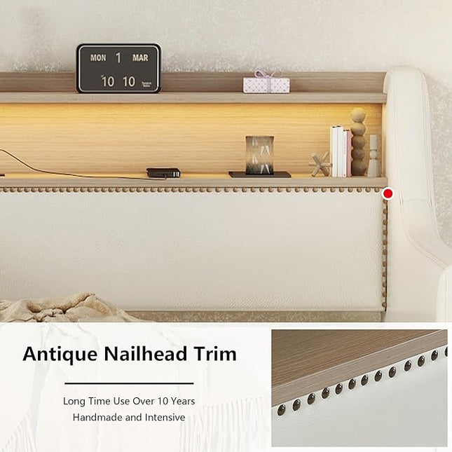 Twin Size Daybed with 2 Storage Drawers, Upholstered Daybed with Charging Station and LED Lights, PU Leather Fabric Bedframe w/Headboard & Wood Slat Support for Living Room, White - LeafyLoom