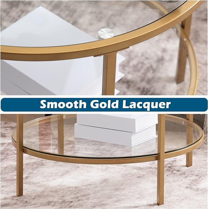 VINGLI 25.6" Round Gold Coffee Tables for Living Room, 2-Tier Glass Top Coffee Table with Storage Clear Coffee , Simple & Modern Center Table for Small Space - LeafyLoom