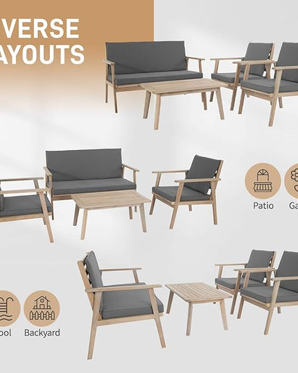 VINGLI Outdoor Patio Furniture, 4 Piece Acacia Wood Sofa Set w/Coffee Table, Patio Table and Chairs Set for Deck, Balcony, Backyard (Light Natural) - LeafyLoom