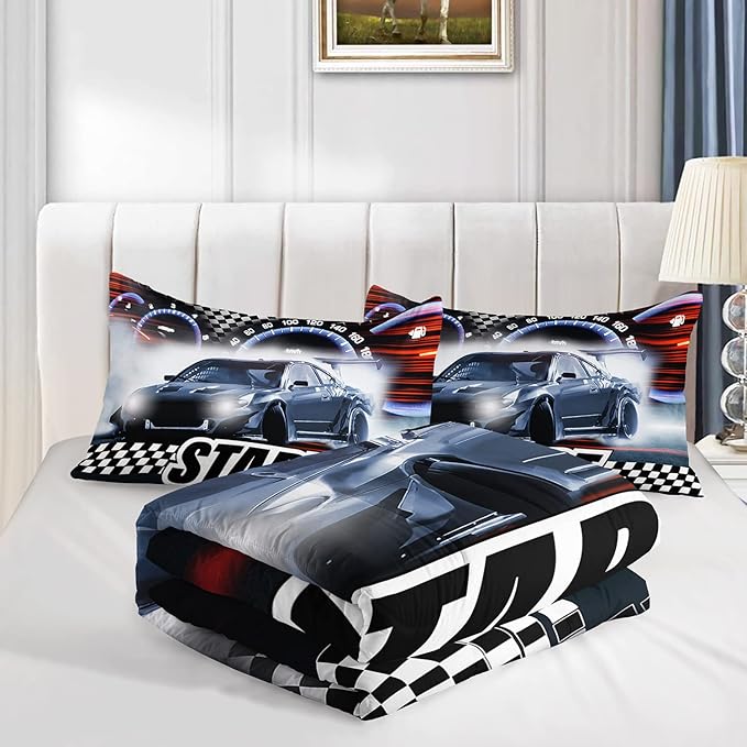 Axolotl Race Car Comforter Set Queen Size,Extreme Sports Bedding Set for Boys Teens Kids Girls Room Decor,Cool Speed Luxury Car Quilt Bed Set with 1 Comforter 2 Pillowcases Car Racing Gifts - LeafyLoom