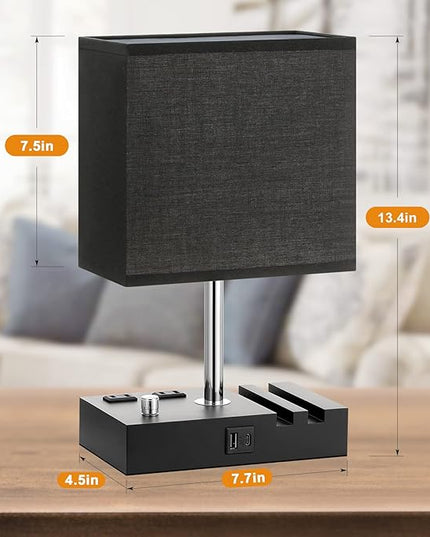 Fully Dimmable Bedside Lamps for Bedroom with USB C Ports, Kakanuo Black USB Table Lamp Set of 2, Wooden Desk Lamp with 2 Charging Outlets and Phone Stand for Nightstand and Living Room, Bulb Included - LeafyLoom