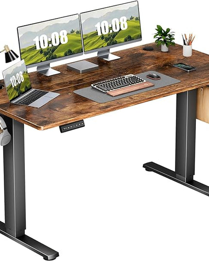 Sweetcrispy Electric Adjustable Height Standing Desk - 55 x 24 inch Sit to Stand Up Desk with Splice Board, Rising Home Office Computer Table with 2 Hook and Wire Hole for Work - LeafyLoom