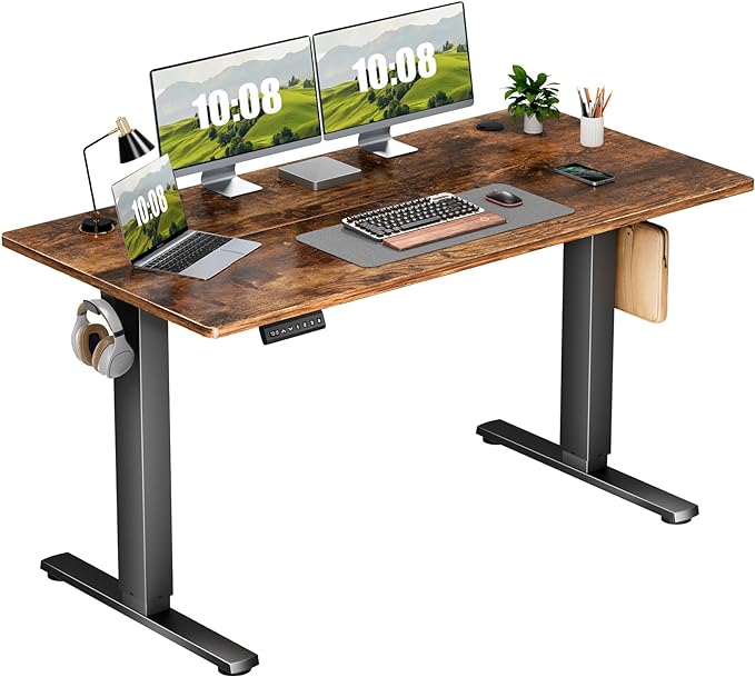 Sweetcrispy Electric Adjustable Height Standing Desk - 55 x 24 inch Sit to Stand Up Desk with Splice Board, Rising Home Office Computer Table with 2 Hook and Wire Hole for Work - LeafyLoom