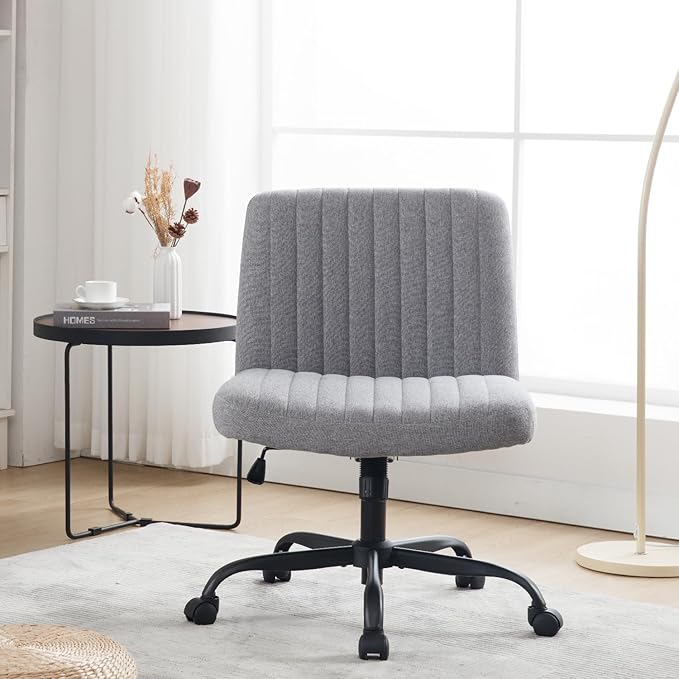 Armless Office Chair with Wheels Wide Desk Chair Leather Mid Back Accent Chair Padded Swivel Vanity Chair for Girl Women Computer Task Chair for Home Office (Suede Fabric, Gray&Blue) - LeafyLoom