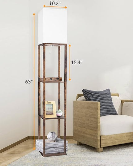 Dott Arts Floor Lamp with Shelves, Shelf Lamp with Wireless Charger & USB A+C Ports & 2 AC Outlets,3 Color Temperature Corner Tall Standing Floor Lamps for Living Room, Bedroom, Office (Brown) - LeafyLoom