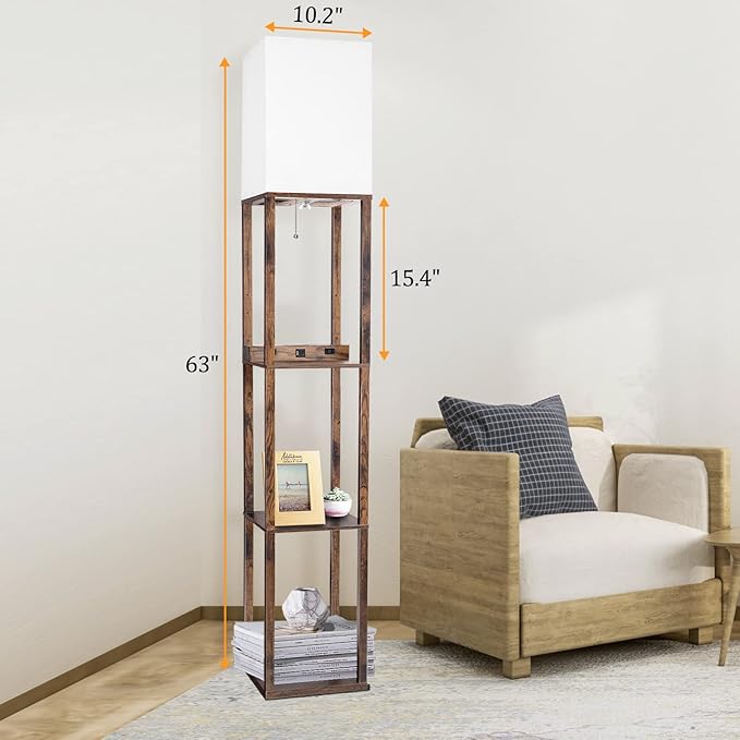 Dott Arts Floor Lamp with Shelves, Shelf Lamp with Wireless Charger & USB A+C Ports & 2 AC Outlets,3 Color Temperature Corner Tall Standing Floor Lamps for Living Room, Bedroom, Office (Brown) - LeafyLoom