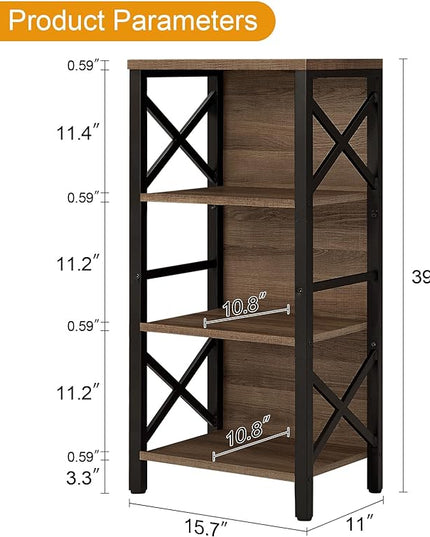 Bookcase, Industrial Small Bookshelf,4-Tier Narrow Bookcase Storage Organizer, Small Book Shelf for Small Spaces, Living Room, Bedroom and Home Office, Brown - LeafyLoom