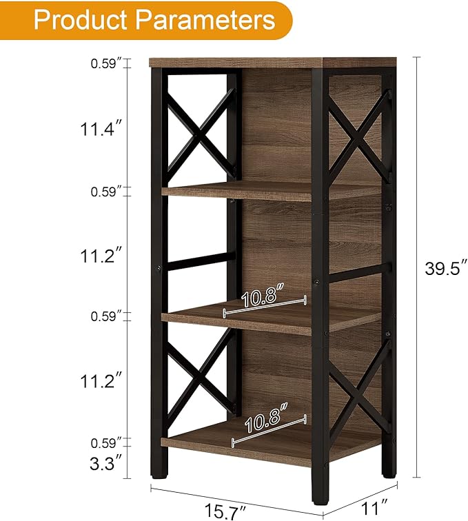 Bookcase, Industrial Small Bookshelf,4-Tier Narrow Bookcase Storage Organizer, Small Book Shelf for Small Spaces, Living Room, Bedroom and Home Office, Brown - LeafyLoom