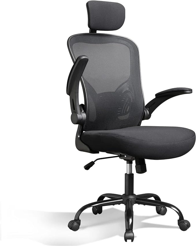 DEVAISE Mesh Computer Office Chair, High Back Ergonomic Desk Chair with Flip-up Armrests and Adjustable Headrest, Backrest and Lumbar Support, Black - LeafyLoom