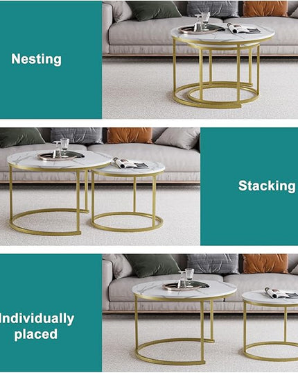 White Nesting Coffee Table Set of 2, 27.6" Round Coffee Table Wooden Marble Pattern with Adjustable Non-Slip Feet, Industrial End Table for Living Room Bedroom Balcony - LeafyLoom