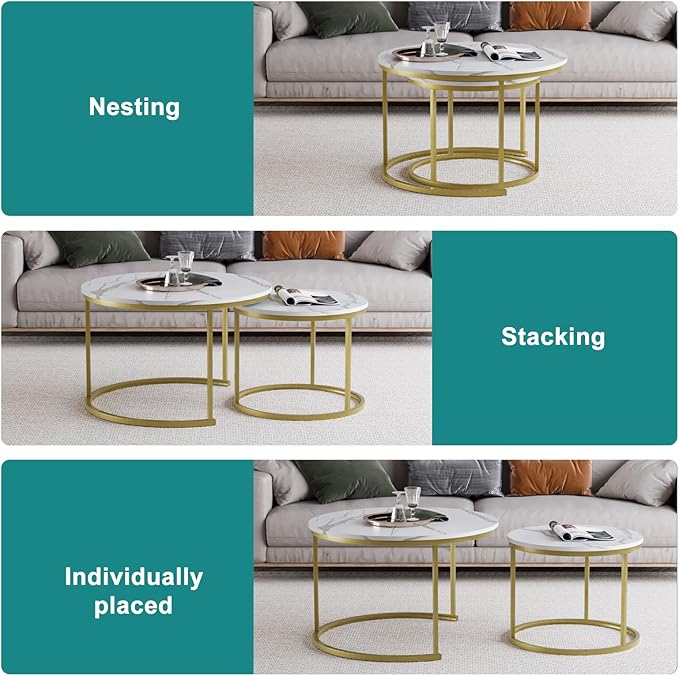 White Nesting Coffee Table Set of 2, 27.6" Round Coffee Table Wooden Marble Pattern with Adjustable Non-Slip Feet, Industrial End Table for Living Room Bedroom Balcony - LeafyLoom