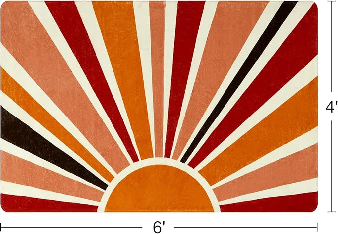 Boho Washable Rug 4'x6' Rug Kids Area Rug for Playroom, Non-Slip Kids Rug for Bedroom, Rainbow Orange Sun Carpet Soft Throw Sunshine Rug for Office Nursery Entryway Dorm - LeafyLoom