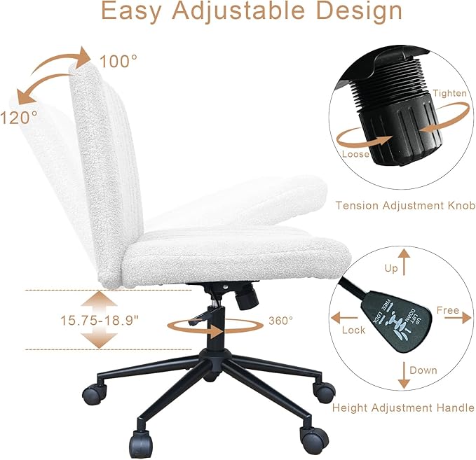 Armless Office Desk Chair with Wheels, Modern Swivel Computer Task Chair Comfortable Adjustable Wide Seat Vanity Chair for Home, Bedroom, Make Up(White) - LeafyLoom