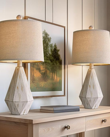 PoKat 20.25" Rustic Table Lamp Set of 2 for Bedroom Living Room Vintage Retro Traditional Nightstand Bedside Lamps Kids Room Study Room Office with Linen Shade, Suitable for Small Place - LeafyLoom
