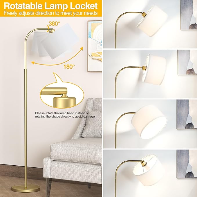 Arc Floor Lamps for Living Room with 3 Color Temperatures, Modern Floor Lamp Reading Light with 9W Bulb Included, Standing Lamp with Adjustable White Hanging ‎Lampshade for Bedroom Office(Gold) - LeafyLoom