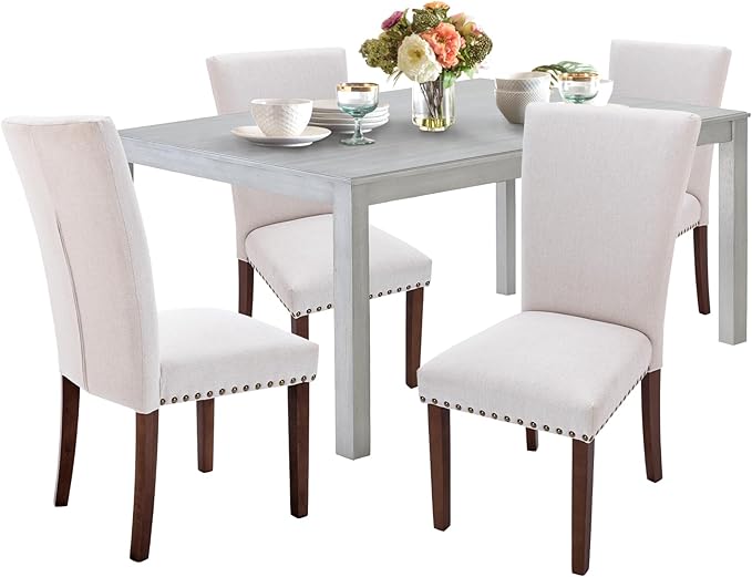 COLAMY 5-Piece Dining Table Set for 4, 60" Kitchen Wood Table with 4 Nailhead Dining Room Chairs, White/Beige - LeafyLoom
