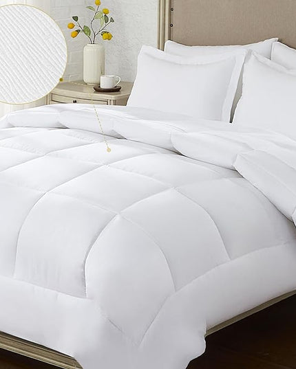 Queen Bed in a Bag 7 Pieces Comforter Set Queen, Wood Grain Texture Bedding Comforter Set White Bed Set with Comforter, Pillowcases, Flat Sheet, Fitted Sheet and Pillow Shams - LeafyLoom