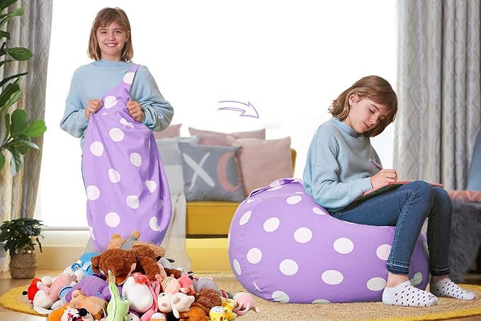 Aubliss Stuffed Animal Bean Bag Storage Chair, Beanbag Covers Only for Organizing Plush Toys, Turns into Bean Bag Seat for Kids When Filled, X-Large 48"-Canvas Dot Light Purple - LeafyLoom