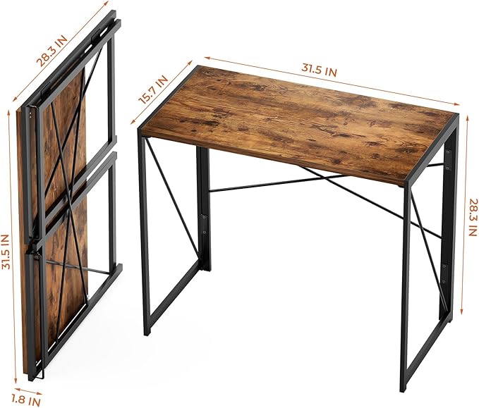 Coavas 31.5 inch Folding Desk No Assembly Required, Writing Computer Desk Space Saving Foldable Table Simple Home Office Desk, Slippy Vintage Brown - LeafyLoom