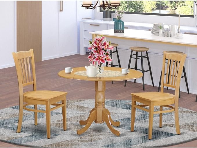 East West Furniture Dublin 3 Piece Room Set Contains a Round Kitchen Table with Dropleaf and 2 Dining Chairs, 42x42 Inch, Oak - LeafyLoom