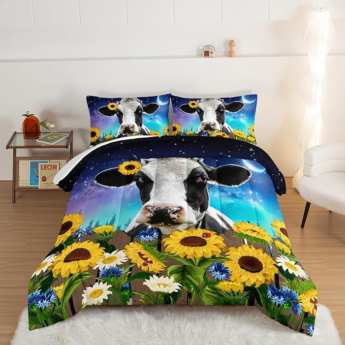 HOSIMA Cow Print Comforter Set with 2 Pillowcases,Farm Animal Theme Bedding Set Sunflower Full Size Comforter for Adults Teens Kids,Farm Starry Sky Toddler Comforter Floral Bedding Set. - LeafyLoom
