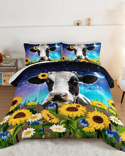 HOSIMA Cow Print Comforter Set with 2 Pillowcases,Farm Animal Theme Comforter Western Bedding Set Queen Size for Adults Teens Kids,Farm Starry Sky Toddler Comforter Sunflower Bedding Set. - LeafyLoom
