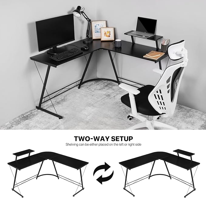 MoNiBloom L Shaped Gaming Desk Computer Corner Table with Metal Frame, L Desk Workstation for Home Office, Space-Saving, Black - LeafyLoom