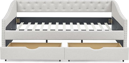 Full Size Upholstered Daybed with Two Storage Trundle Drawers, Wooden Sofa Bed w/Button Tufted Backrest and Waved Shape Arms, No Box Spring Needed, for Living Room, Bedroom, Dorm, Beige - LeafyLoom