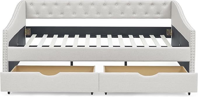 Full Size Upholstered Daybed with Two Storage Trundle Drawers, Wooden Sofa Bed w/Button Tufted Backrest and Waved Shape Arms, No Box Spring Needed, for Living Room, Bedroom, Dorm, Beige - LeafyLoom
