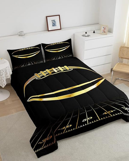 Feelyou Football Bedding Set Twin Kids Rugby Sports Comforter Set American Football Comforter Set for Boys Golden Black Room Decor Lightweight Quilt Set with 1 Pillow Case - LeafyLoom