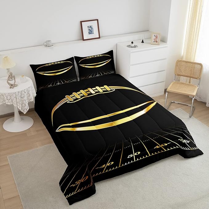 Feelyou Football Bedding Set Twin Kids Rugby Sports Comforter Set American Football Comforter Set for Boys Golden Black Room Decor Lightweight Quilt Set with 1 Pillow Case - LeafyLoom