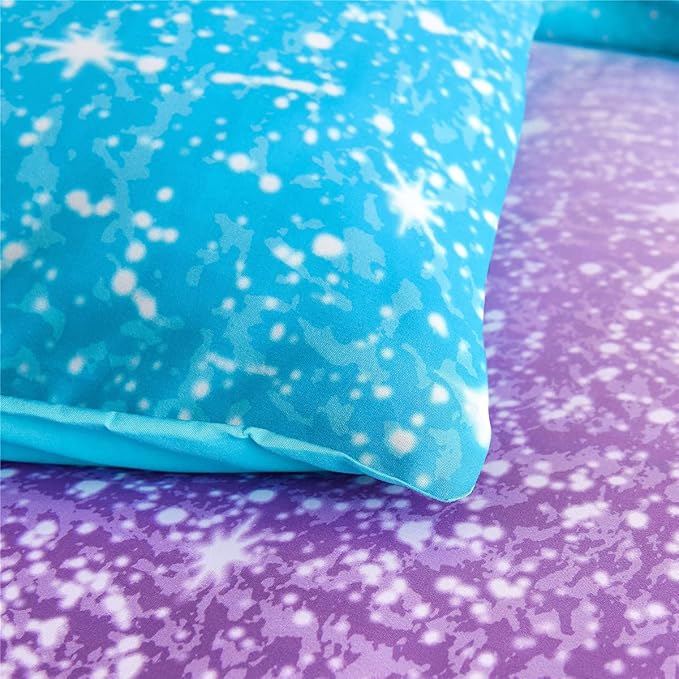 Holawakaka Kids Space Star Glitter Comforter Set Queen Size Girls Ombre Blue & Purple Print Gradient Teens Bedding Set Teens Galaxy Bed Sets (Blue Purple, Queen) - LeafyLoom