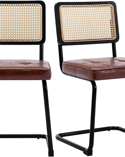 Rattan Dining Chairs Set of 2, Mid Century Modern PU Leather Dining Room Kitchen Chairs with Cane Back, Metal Chrome Legs, Upholstered Wicker Armless Accent Chairs, Brown - LeafyLoom