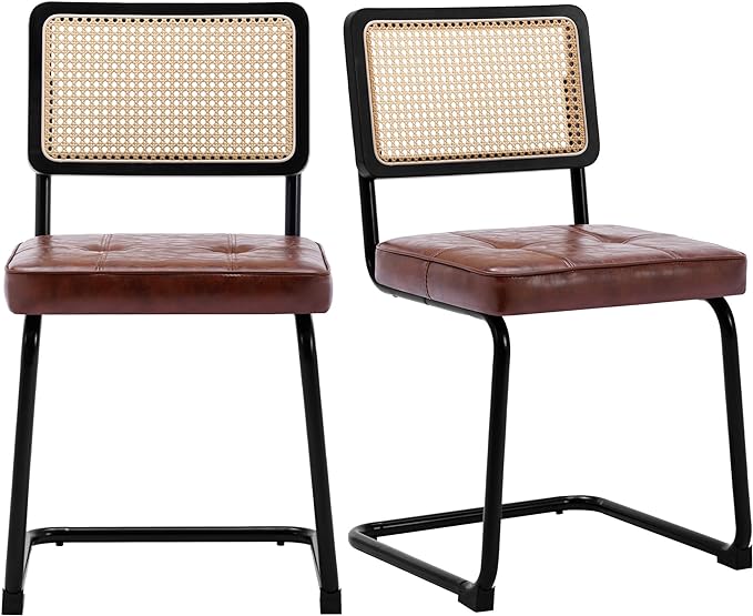 Rattan Dining Chairs Set of 2, Mid Century Modern PU Leather Dining Room Kitchen Chairs with Cane Back, Metal Chrome Legs, Upholstered Wicker Armless Accent Chairs, Brown - LeafyLoom