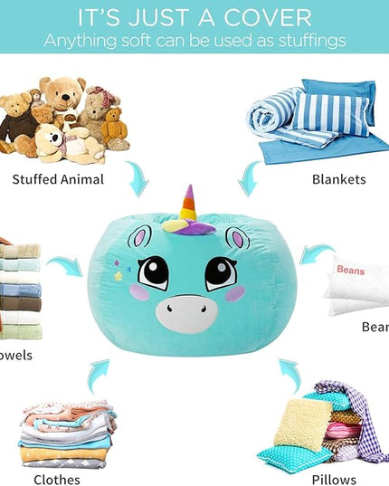 Aubliss Stuffed Animal Storage, Velvet Bean Bag Chairs Cover, Large 32" Ultra Soft Kids Toy Storage Organizer for Blankets Towels Clothes, Cyan Big Eyes - LeafyLoom